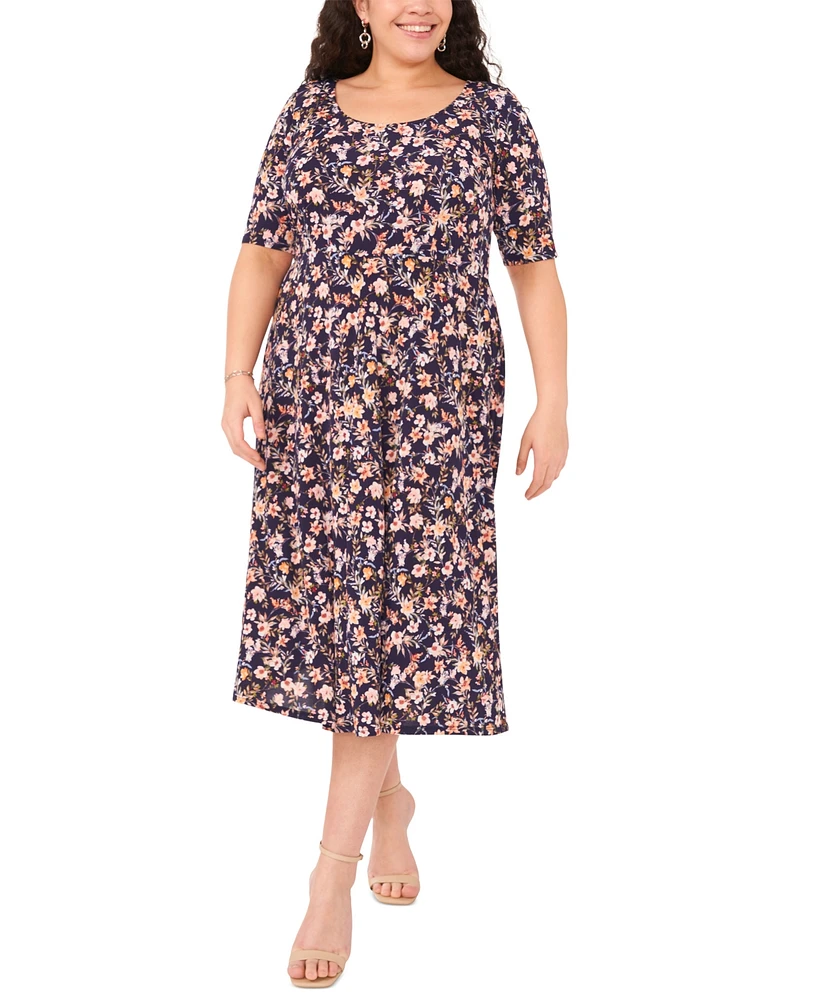 Msk Plus Size Printed Scoop-Neck Elbow-Sleeve Midi Dress