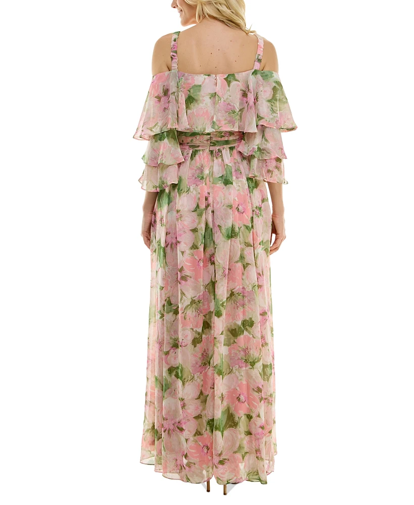 Taylor Women's Floral-Print Cold-Shoulder Gown