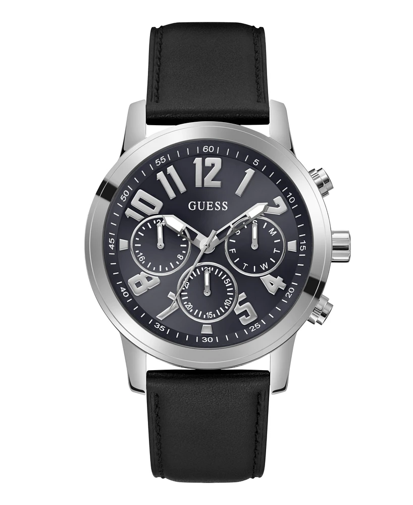 Guess Men's Analog Black Genuine Leather Watch 44mm
