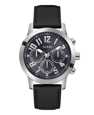 Guess Men's Analog Black Genuine Leather Watch 44mm