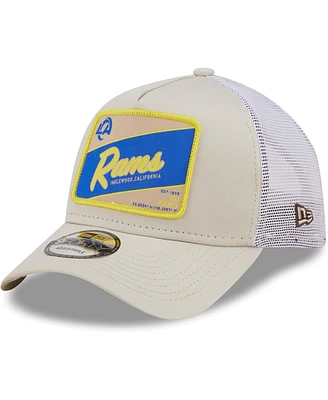 Men's New Era Khaki, White Distressed Los Angeles Rams Happy Camper A-Frame Trucker 9FORTY Snapback Hat