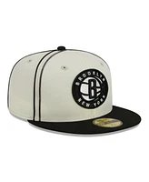 Men's New Era Cream, Black Brooklyn Nets Piping 2-Tone 59FIFTY Fitted Hat