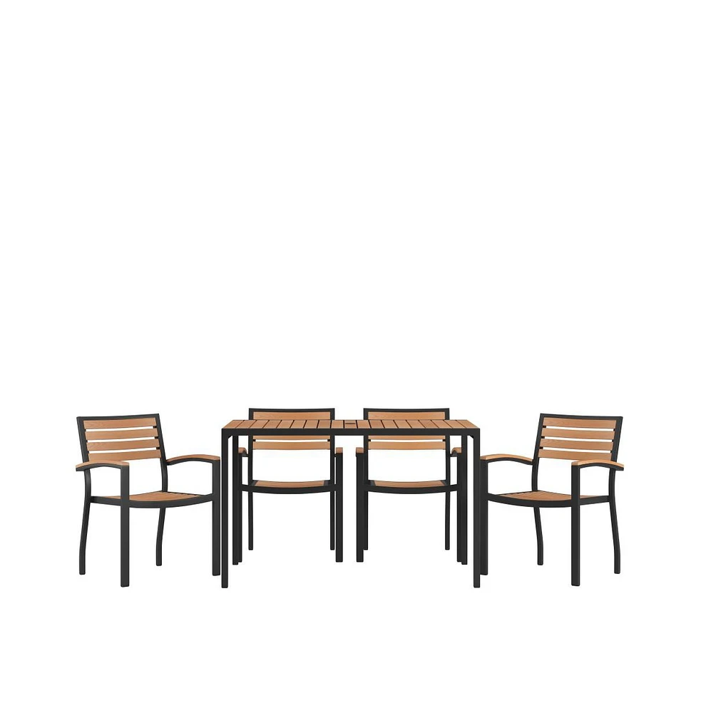 Chara 5 Piece Outdoor Synthetic Teak Poly Slat Table & Chairs Set - Steel Framed Table With Umbrella Hole & 4 Club Chairs