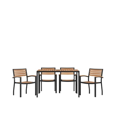 Chara 5 Piece Outdoor Synthetic Teak Poly Slat Table & Chairs Set - Steel Framed Table With Umbrella Hole & 4 Club Chairs