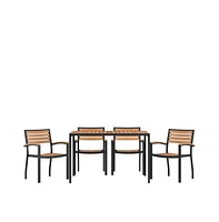 Chara 5 Piece Outdoor Synthetic Teak Poly Slat Table & Chairs Set - Steel Framed Table With Umbrella Hole & 4 Club Chairs