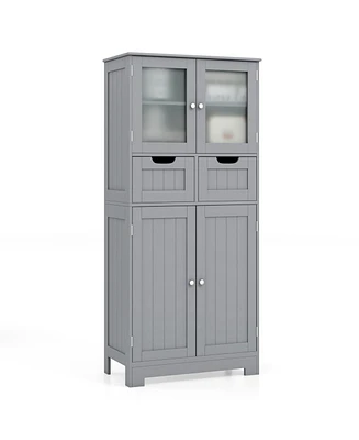 3 Tier Free-Standing Bathroom Cabinet with 2 Drawers and Glass Doors