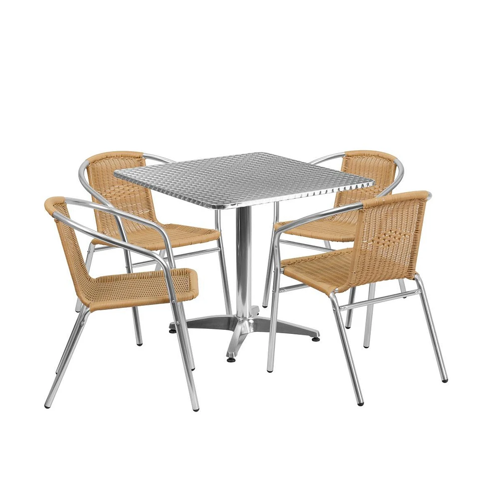 31.5" Square Aluminum Garden Patio Table Set With Rattan Chairs