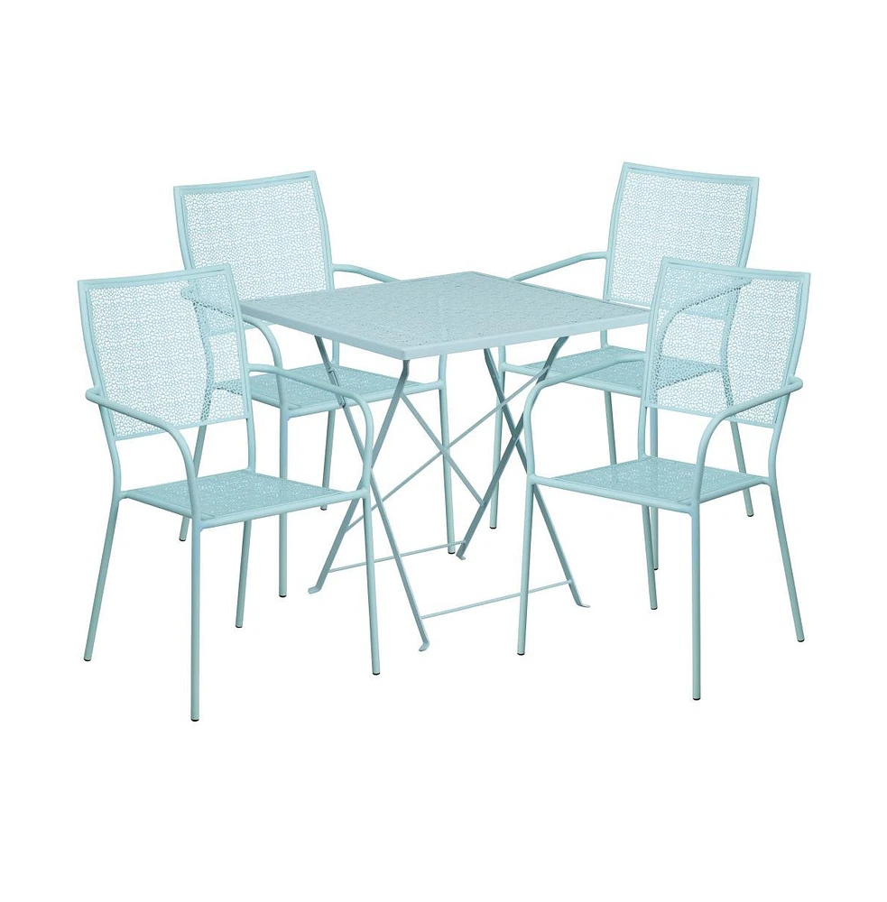 Commercial 28" Square Metal Folding Patio Table Set W/ 4 Square Back Chairs