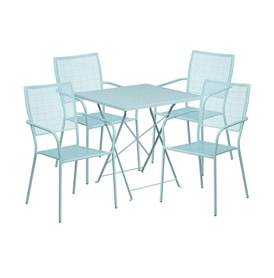 Commercial 28" Square Metal Folding Patio Table Set W/ 4 Square Back Chairs