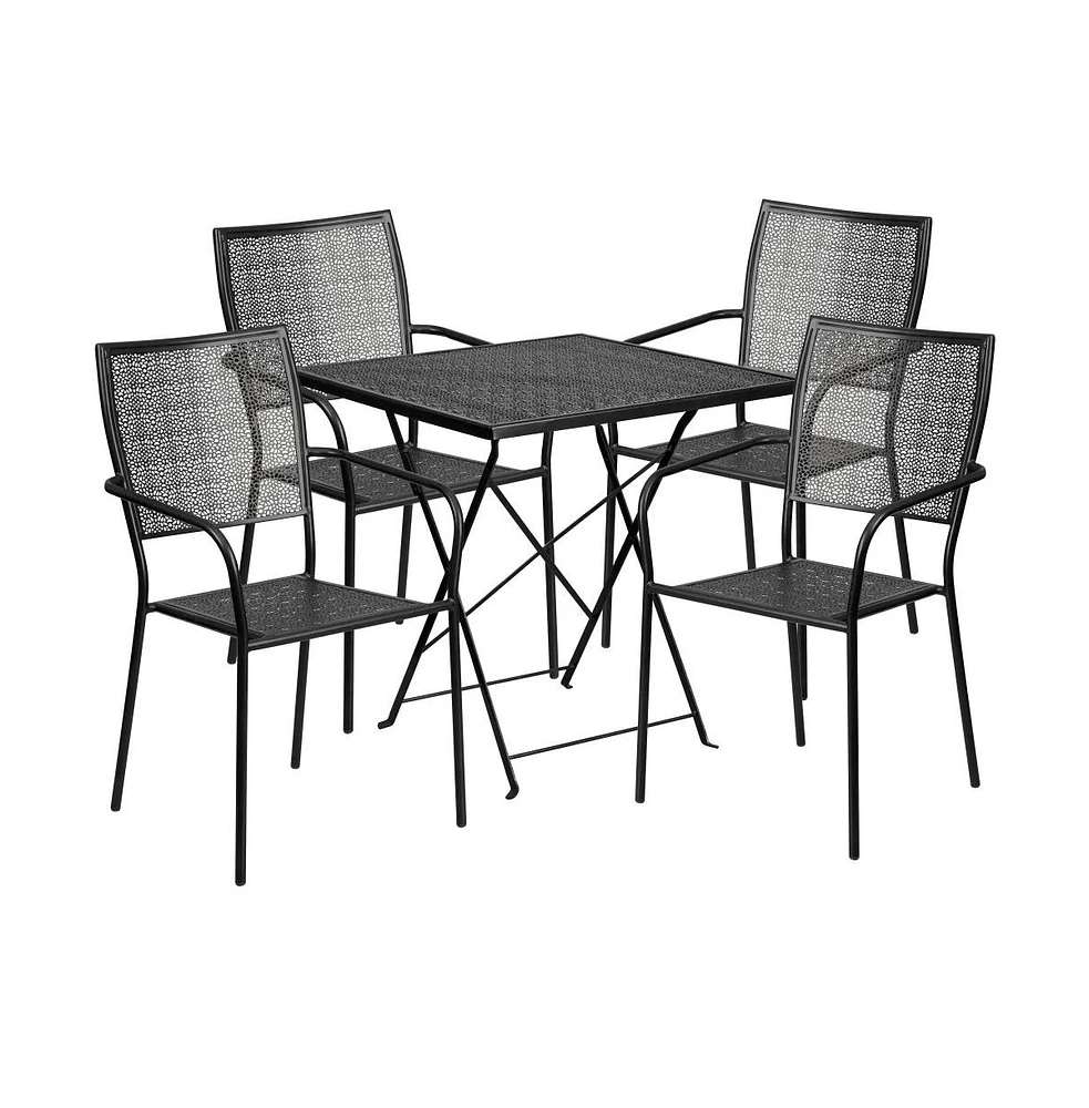 Commercial 28" Square Metal Folding Patio Table Set W/ 4 Back Chairs