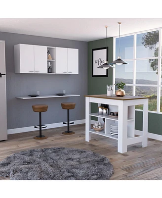 Simplie Fun Sierra 7-Shelf 4-Door 2-Piece Kitchen Set, Upper Wall Cabinet And Kitchen Island White And Walnut