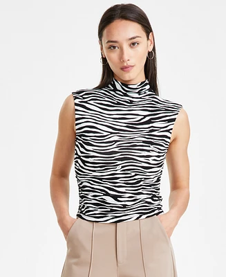 Bar Iii Petite Animal-Print Side-Ruched Mock-Neck Top, Created for Macy's