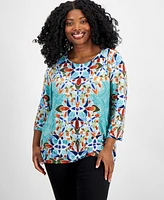 Jm Collection Plus Printed 3/4-Sleeve Top, Created for Macy's