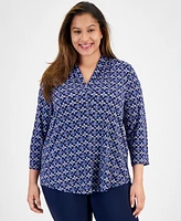 Jm Collection Plus V-Neck 3/4-Sleeve Top, Created for Macy's