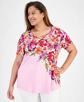 Jm Collection Plus Paradise Garden Short-Sleeve Top, Created for Macy's