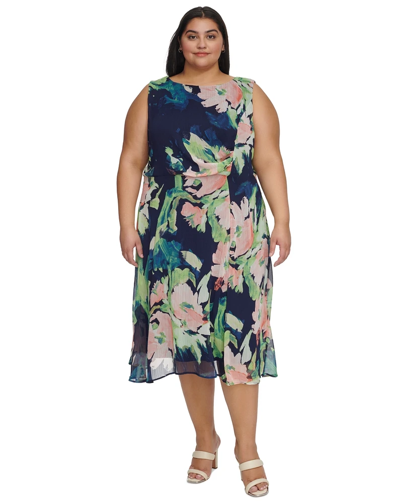 Dkny Plus Printed Side-Ruched Sleeveless Chiffon Dress