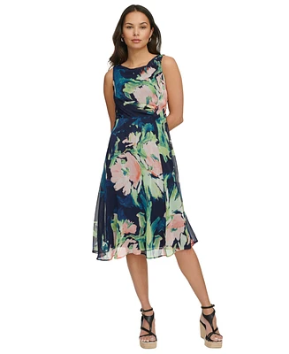 Dkny Petite Printed Boat-Neck Side-Ruched Dress