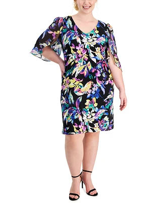 Connected Plus Printed V-Neck Cape-Sleeve Dress