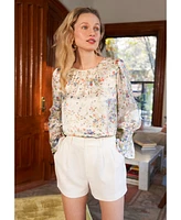CeCe Women's Floral Print Smocked Cuff Blouse