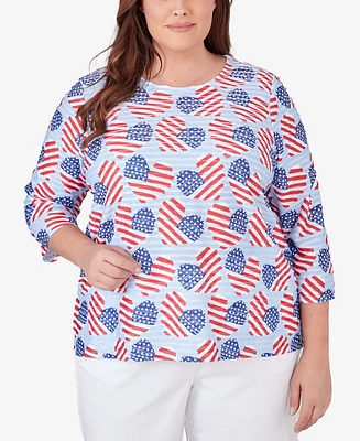 Alfred Dunner Plus All American Flag Hearts Three Quarter Sleeve Shirt