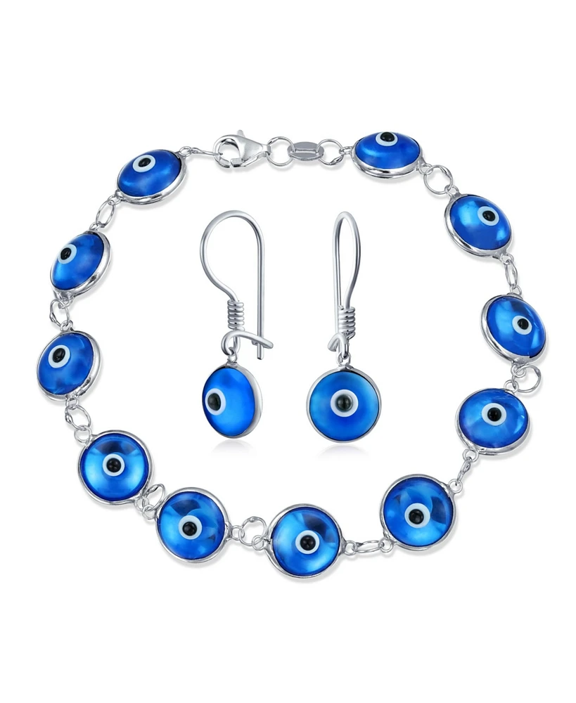 Bling Jewelry Jewelry Set Good Luck Amulet Turkish Translucent Glass Bead Evil Eye Bracelet Earrings Sterling Silver Blue 7.5 Inch