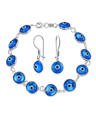 Bling Jewelry Jewelry Set Good Luck Amulet Turkish Translucent Glass Bead Evil Eye Bracelet Earrings Sterling Silver Blue 7.5 Inch