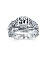 Bling Jewelry Deco Style Milgrain 1CTW Cubic Zirconia Promise Ring Set Sterling Silver