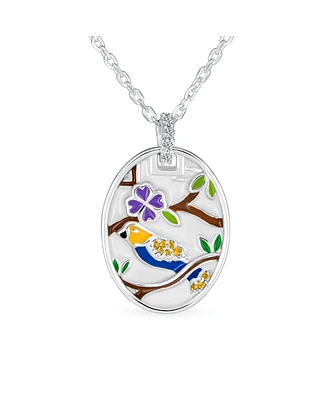 Colorful Oval Frame Enamel Inlay Style Nature Bird Cameo Pendant Necklace For Women .925 Sterling Silver