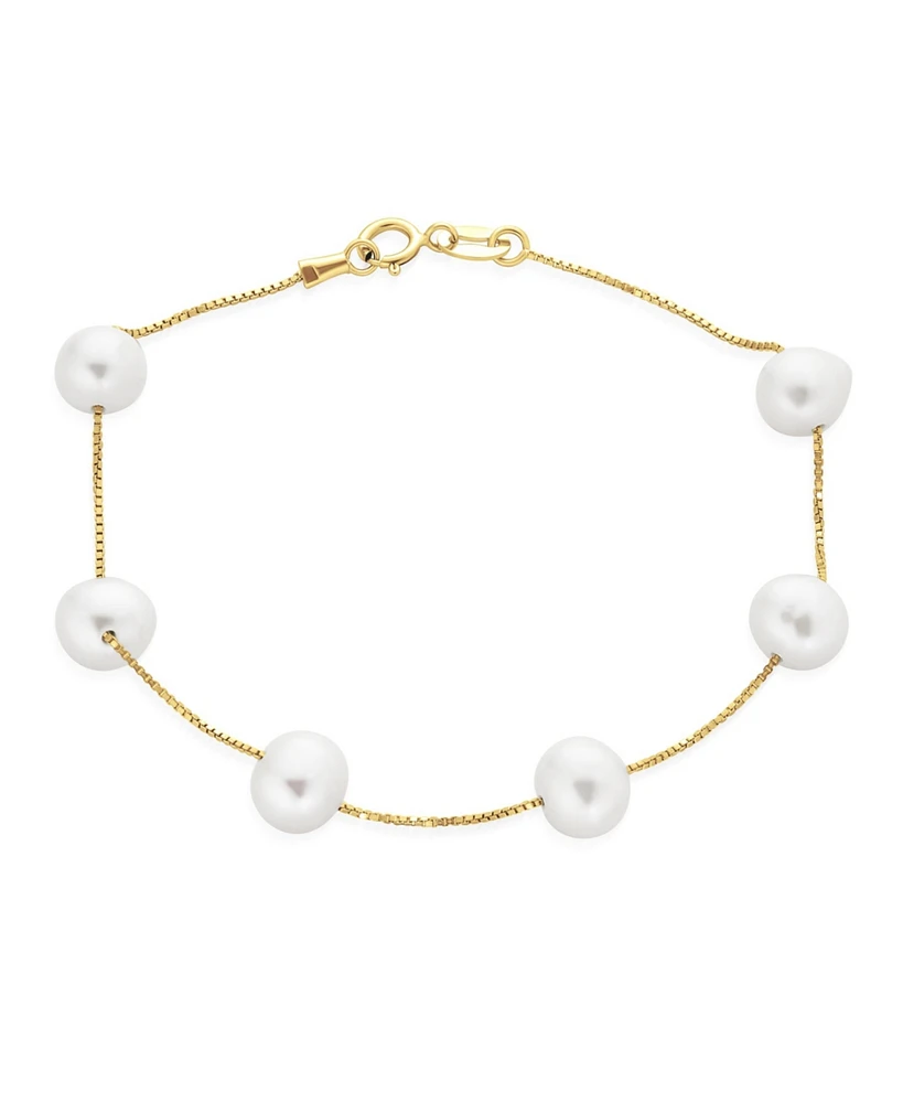 Bling Jewelry Tin Cup White Freshwater Cultured 7MM Pearl Chain Station Pearls Bracelet For Women Yellow Gold Plated Sterling Silver