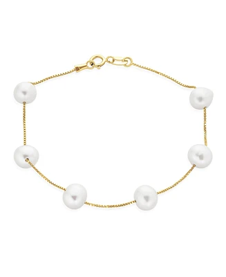 Bridal Tin Cup White Freshwater Cultured 7MM Pearl Chain Station Pearls Bracelet For Women Wedding Yellow Gold Plated .925 Sterling Silver 7.5 Inch