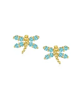 Bling Jewelry Tiny Cubic Zirconia Blue Aqua Cz Dragonfly Firefly Butterfly Stud Earrings 14K Yellow Gold Screw back