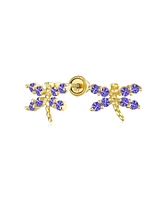 Minimalist Tiny Cubic Zirconia Royal Blue Simulated Sapphire Cz Dragonfly Firefly Butterfly Stud Earrings Real 14K Yellow Gold Screw back