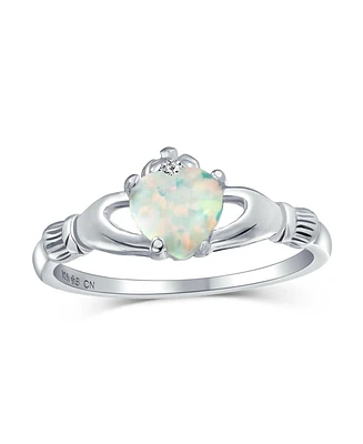 Bling Jewelry Sorority Sister Bff Celtic Irish Friendship Promise Crown Heart White Created Opal Claddagh Ring .925 Sterling Silver October Birthstone