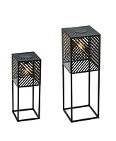 Glitzhome 23.75" H, 17.75" H Set of 2 Metal Stripes Geometric Solar Powered Edison Bulb Outdoor Floor Lantern or Planter Stands
