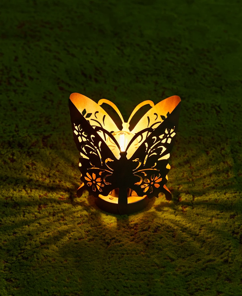 Glitzhome 9" L Black and Gold-Tone Metal Cutout Flying Butterfly Silhouette Solar Powdered Edison Bulb Outdoor Lantern