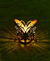 Glitzhome 9" L Black and Gold-Tone Metal Cutout Flying Butterfly Silhouette Solar Powdered Edison Bulb Outdoor Lantern