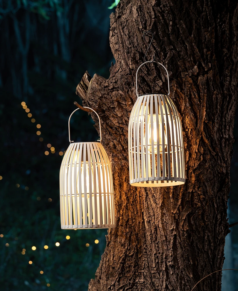Glitzhome 9.75" H Set of 2 Metal Stripes Solar Powered Edison Bulb Outdoor Hanging Lantern