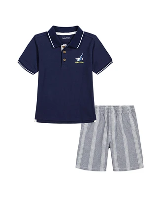 Nautica Toddler Boys Tipped Pique Polo Shirt and Prewashed Plaid Shorts, 2 Pc Set