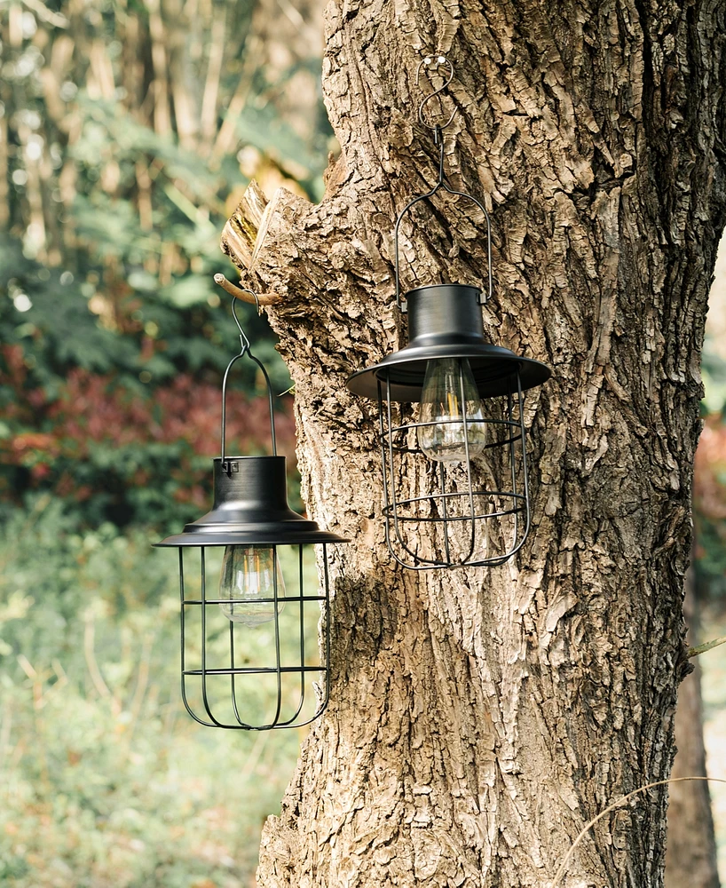 Glitzhome 9.75" H Set of 2 Industrial-Style Metal Wire Solar Powered Edison Bulb Outdoor Hanging Lantern