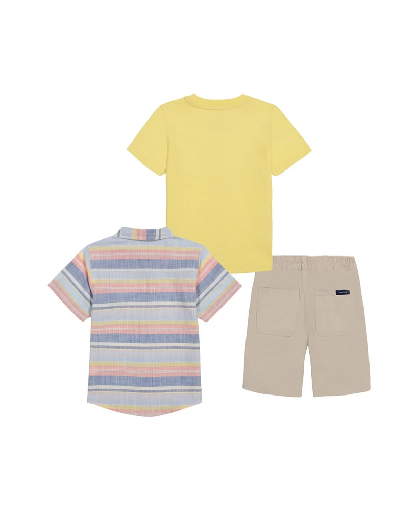 Nautica Little Sizes Boys Short Sleeve T-shirt, Multi-Stripe Gauze Shirt and Twill Shorts, 3 Pc Set