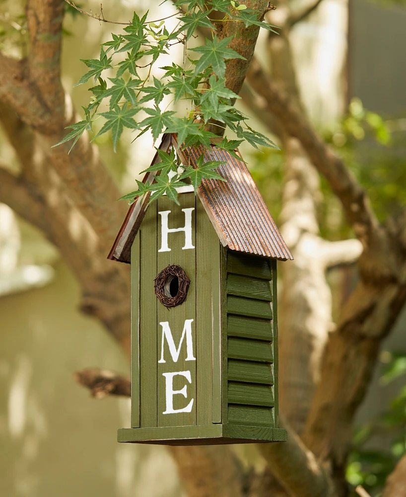 Glitzhome 14.75" H Washed Green Distressed Solid Wood " Home" Inspiration Single Family Decorative Outdoor Garden Birdhouse