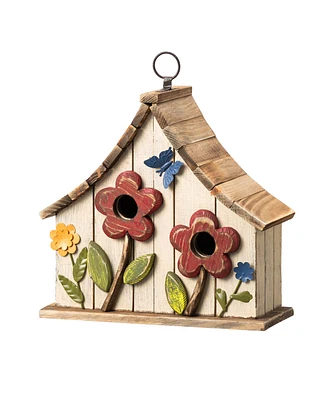 Glitzhome 10.5" H Washed Distressed Solid Wood Two-Story Townhouse Garden Birdhouse with 3D Flowers