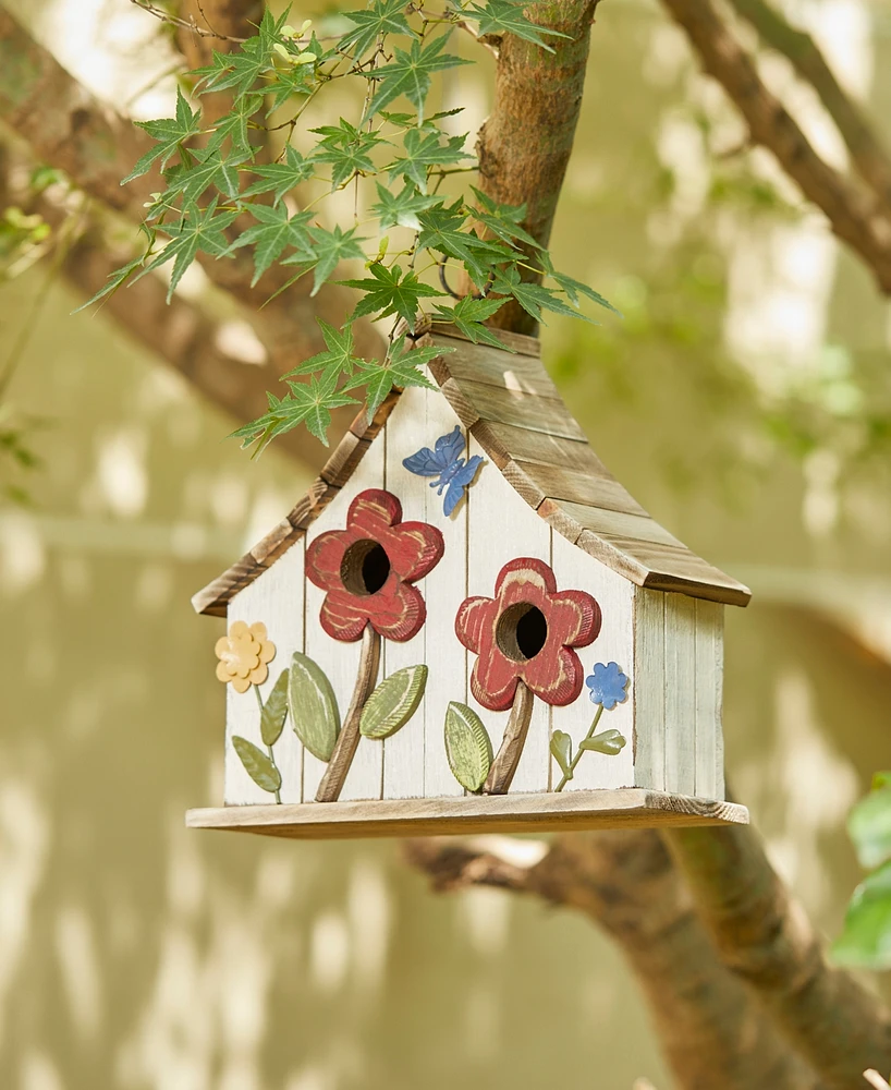 Glitzhome 10.5" H Washed Distressed Solid Wood Two-Story Townhouse Garden Birdhouse with 3D Flowers