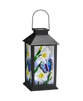 Glitzhome 11" H Set of 2 Stylish Textured Glass with Butterfly and Flower Pattern Solar Powered Hanging Lantern