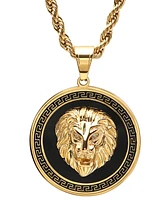 Steeltime Men's Two-Tone Stainless Steel Simulated Diamond Lion Head On Greek Key Mount 24" Pendant Necklace