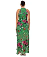 Betsy & Adam Petite Floral-Print Ruffled Halter Gown