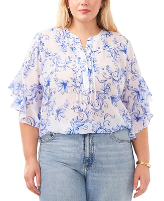 Vince Camuto Plus Printed Pintuck Flutter 3/4-Sleeve Blouse