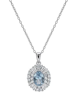 Lab Grown Aquamarine (1-1/10 ct. t.w.) & Lab Grown White Sapphire (1-1/8 ct. t.w.) Oval Halo 18" Pendant Necklace in Sterling Silver