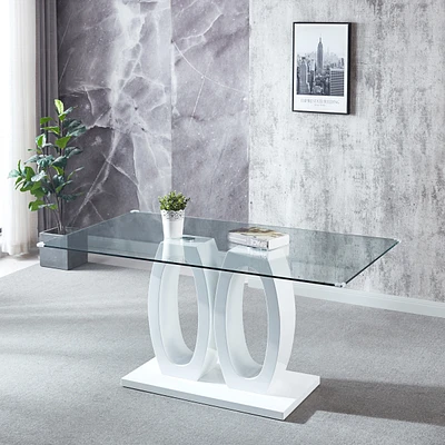 Simplie Fun Contemporary Double Pedestal Dining Table, Tempered Glass Top With Mdf Base