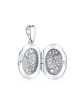 Embossed Scroll Floral Flower Sunflower Photo Oval Lockets Necklace Pendant For Women That Hold Pictures Oxidized .925 Sterling Silver